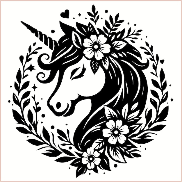 a black and white picture of a unicorn with flowers in the middle