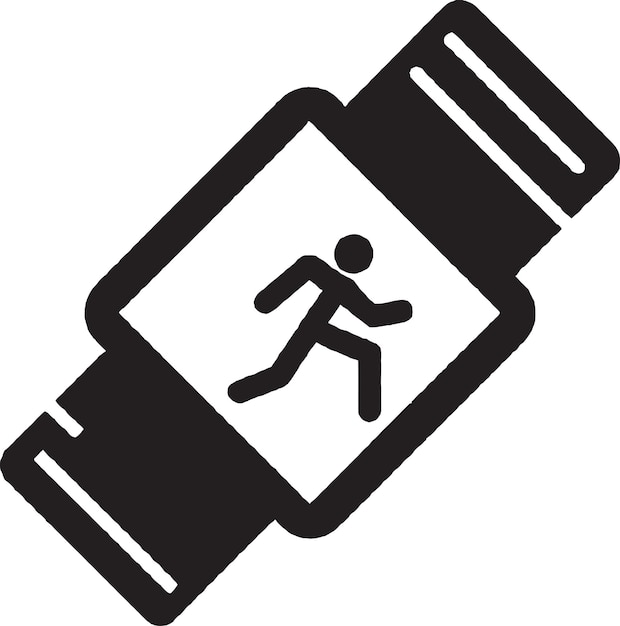 A black and white picture of a watch with a running icon.