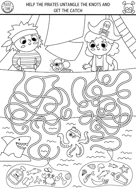 Black and white pirate maze for kids with ship sea and kid sailors Treasure hunt line preschool printable activity Sea adventures labyrinth coloring page or puzzlexA