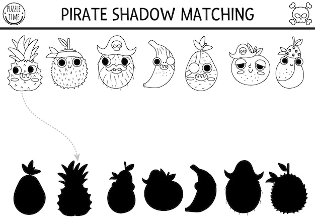 Black and white pirate shadow matching activity Treasure island hunt line puzzle with cute fruit pirates Find correct silhouette printable worksheet Sea adventures coloring page for kidsxA