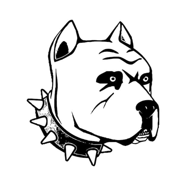 Vector black and white pitbull dog face with collar drawing