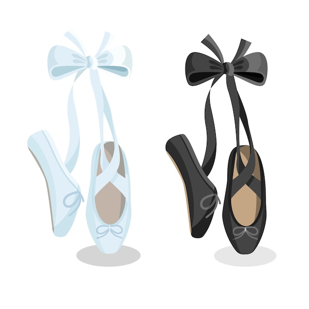 Black and white pointes female ballet shoes flat design on white background.  illustration of gym ballet shoes standing on tiptoes web banner.