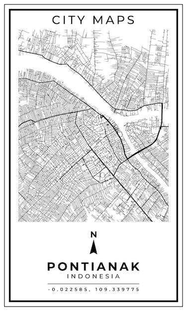 Black and white printable map of Pontianak city Indonesia banner poster design vector illustration