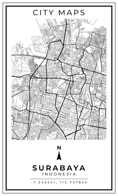 Black and white printable map of Surabaya city Indonesia banner poster design vector illustration