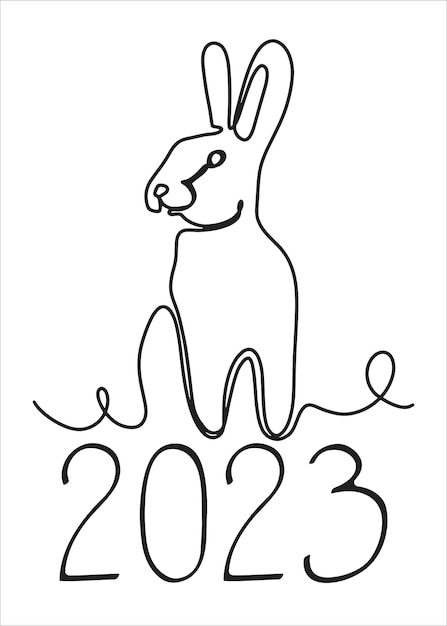 Black and white rabbit symbol of the new year in a linear style Cute rabbit with numbers 2023