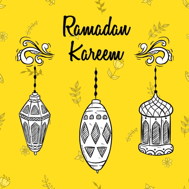 Black and white Ramadan Kareem with hand drawn lantern