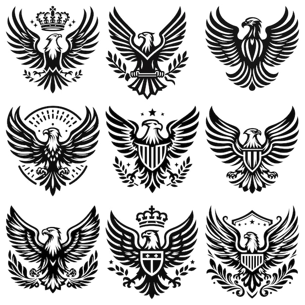 Vector black and white regal eagle emblems collection heraldic designs perfect for logos or tattoos