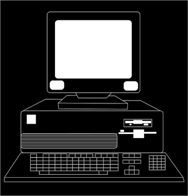 Black and white retro vintage old computer from the 80s drawn by a stroke on a black background