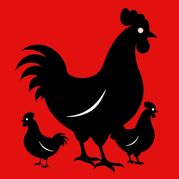 a black and white rooster and a red background with a rooster on it