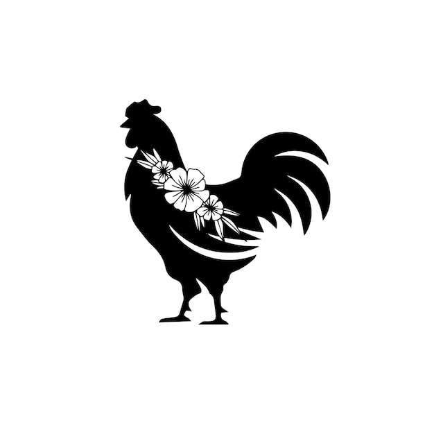 Black and white rooster with a flower on it