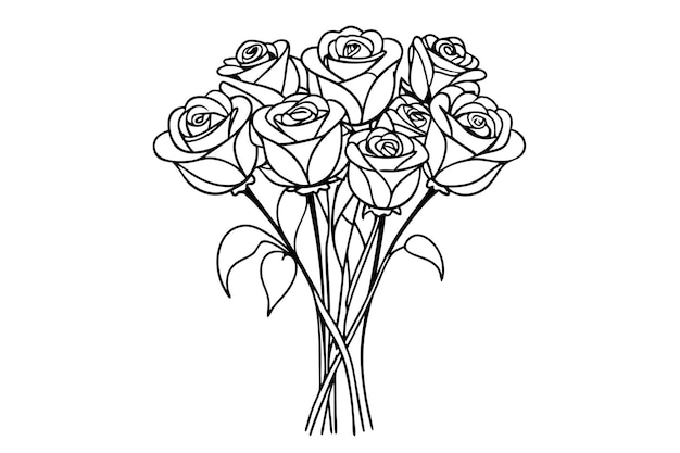 Vector black and white rose bouquet outline drawing