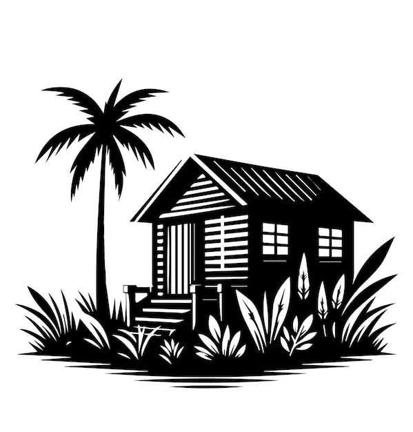 Black and white sea hut vector silhouette