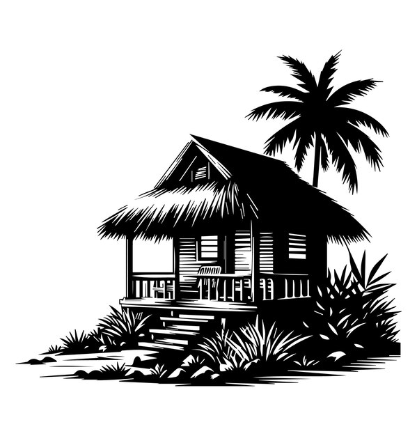 Black and white sea hut vector silhouette