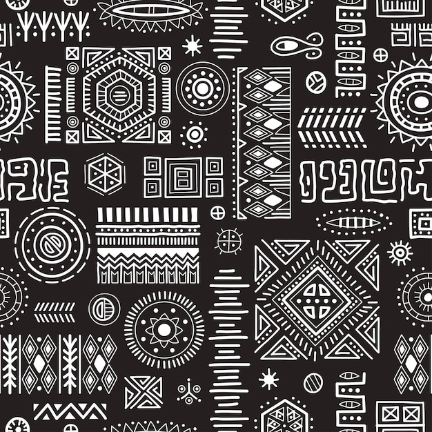 Black and white seamless background African tribal geometric shapes pattern