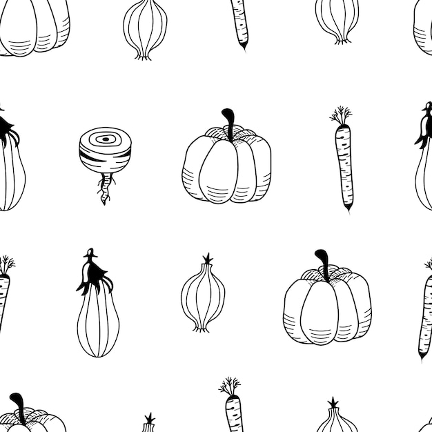 Black and white seamless handdrawn pattern with vegetables Vector print with pumpkin carrot