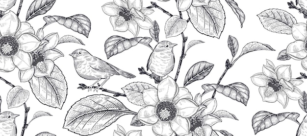 Black and White seamless pattern Blooming Magnolia tree and little cute Birds