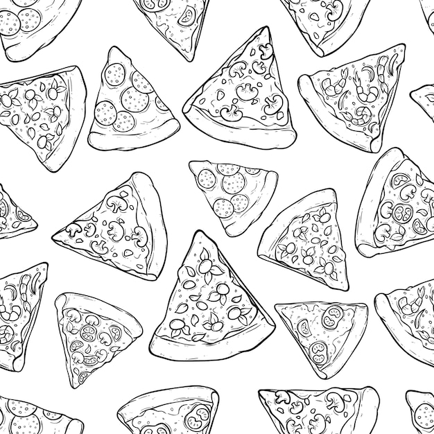 black and white seamless pattern kind of pizza slice 