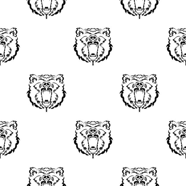 Black and white seamless pattern with cute bear faces endless repeatable texture