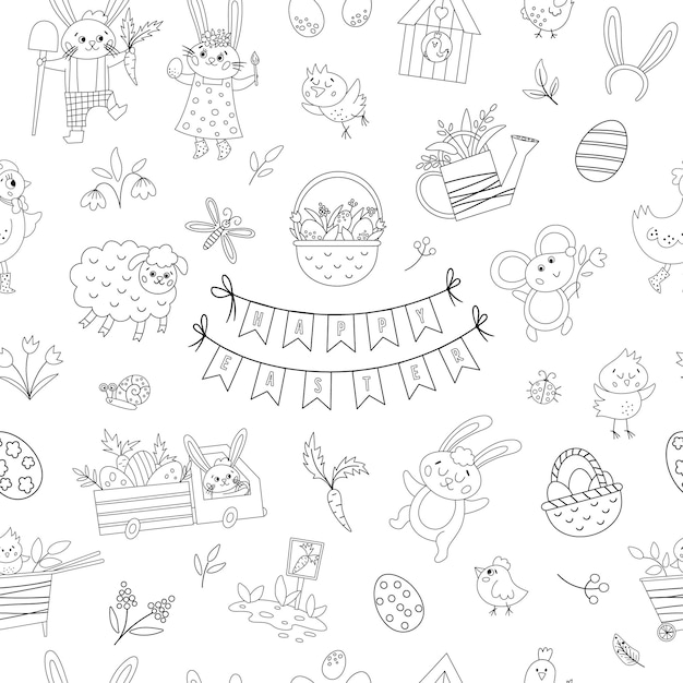 Black and white seamless pattern with Easter design elements Vector repeating background with cute bunny eggs bird chicks Spring outline funny digital paper Traditional holiday texturexA