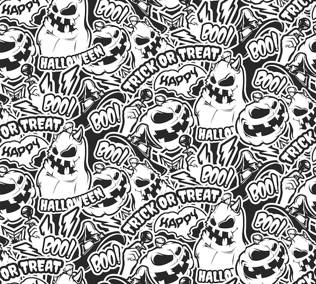 Black and white seamless pattern with halloween pumpkins