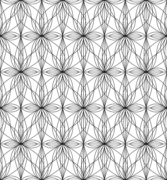 BLACK AND WHITE SEAMLESS PATTERN WITH LINEAR FLORAL ORNAMENT IN VECTOR