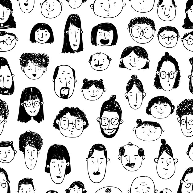 Vector black and white seamless pattern with peoples faces sketch handdrawn graphics line art