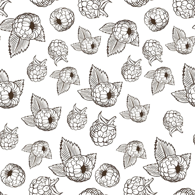 Vector black and white seamless pattern with raspberries in vintage style