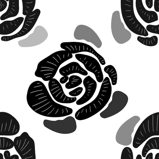 Black and white seamless pattern with stylized roses Floral background