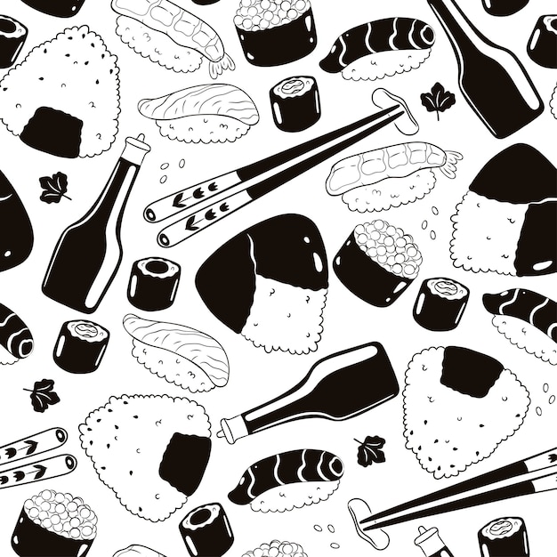 Black and white seamless pattern with sushi and onigiri Vector graphics