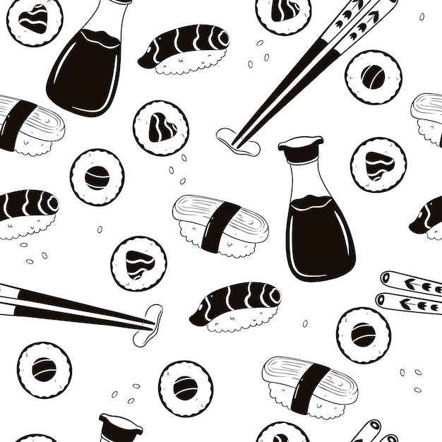 Black and white seamless pattern with sushi Vector graphics