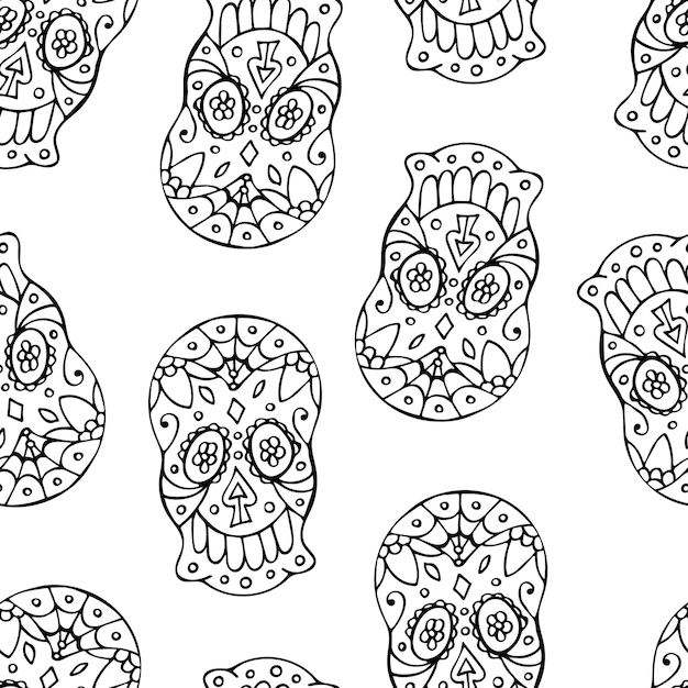 Black and white seamless pattern with traditional mexican hand drawn skull