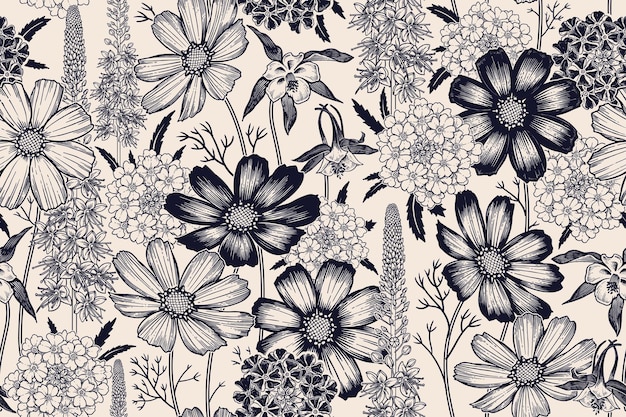 Black and white seamless spring floral pattern Flowering plants Vintage vector Cute garden flowers