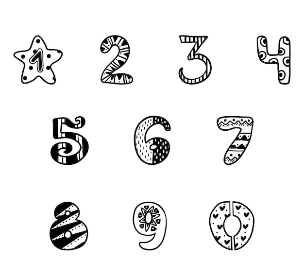 Black and white set of cartoon symbols, funny numbers from zero to nine