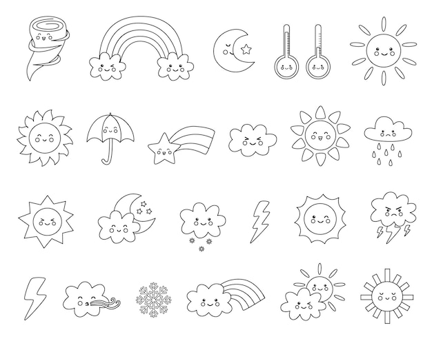 Black and white set of cute   weather elements in cartoon style. Collection of childish illustrations.