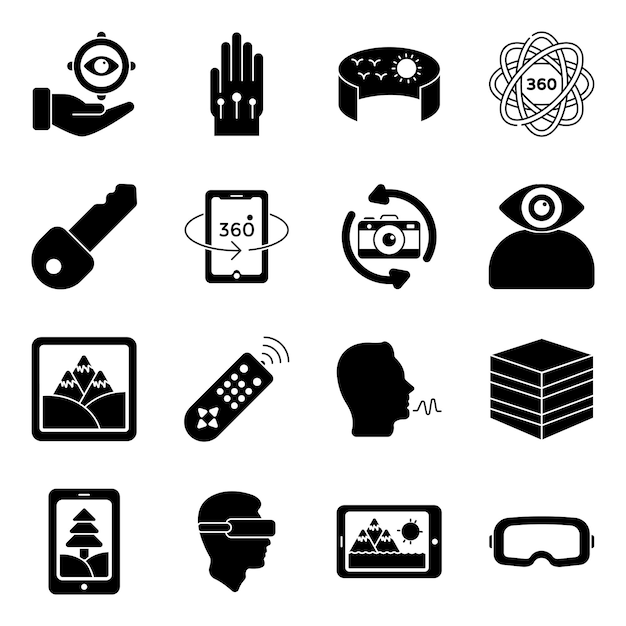 A black and white set of icons including 360, 360, 360, 360, and 360.