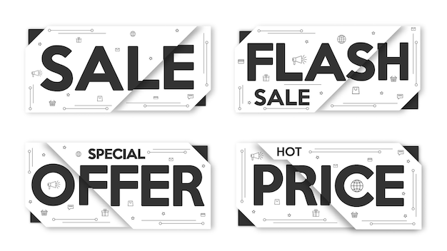 Black and white set Sale banner. layout, price tag, badge, poster.