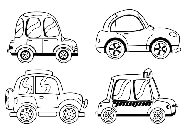 Black and White Set of Vector Illustration Cars