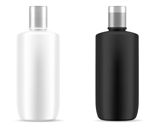 Black and white shampoo cosmetic bottles mockup. 