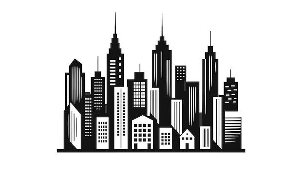 black and white silhouette of a city with tall building