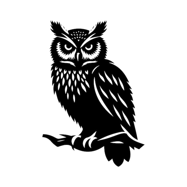 A black and white silhouette drawing of an owl bird animal clipart on white background