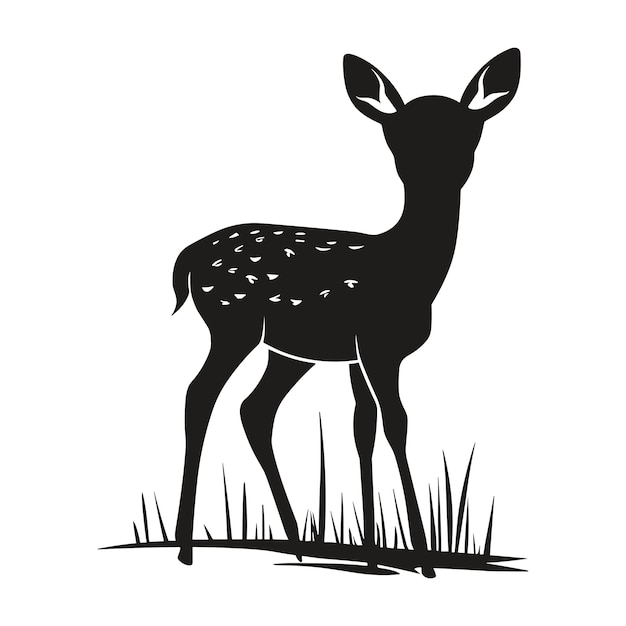 Black and white silhouette of a fawn in a grassy field