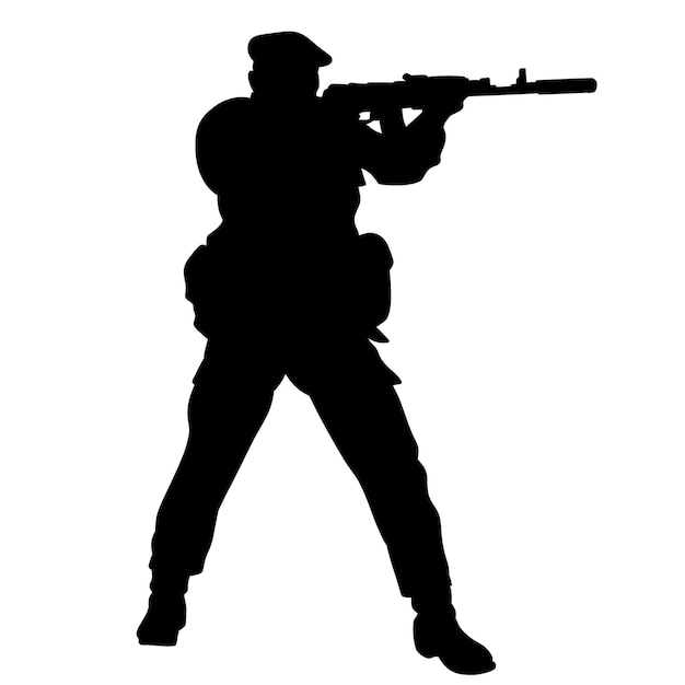 Black and white silhouette of a soldier with a weapon A special forces soldier aims