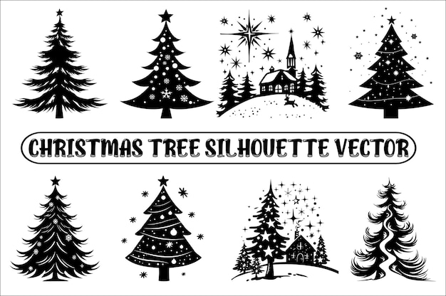 Vector a black and white silhouettes of christmas trees with a decorationchristmas tree silhouettes vector