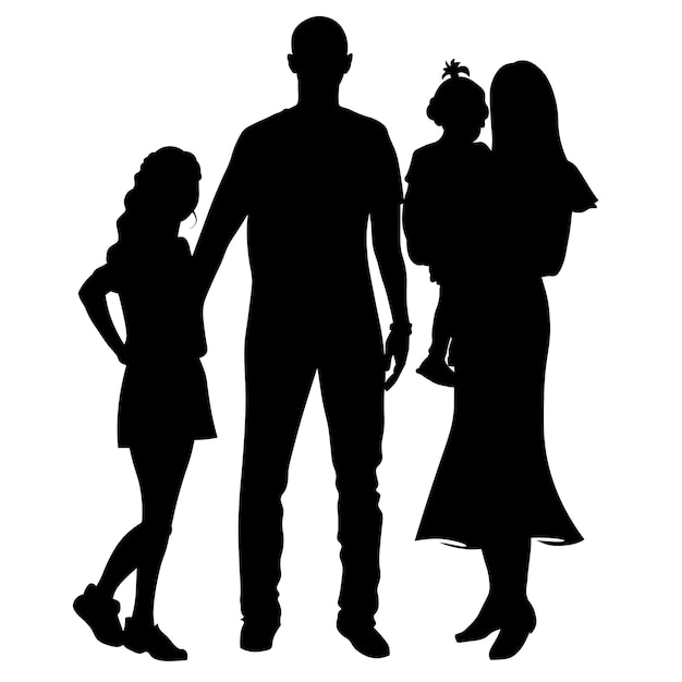 black and white silhouettes of a man and a woman with children, a family of 4 people