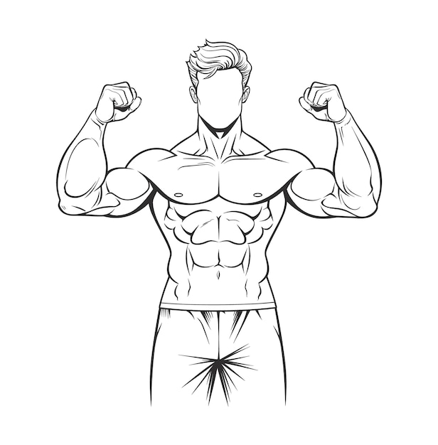 Black and white simple line illustration of a muscular man Bodybuilder drawing