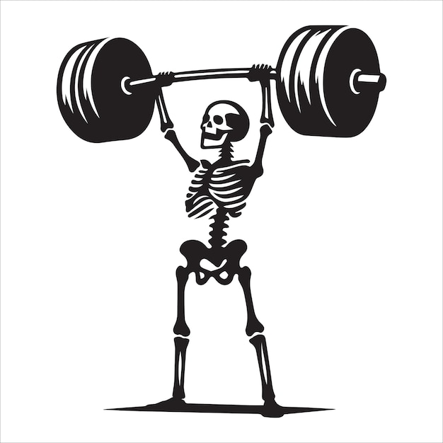 black and white skeleton lifting weight silhouette vector