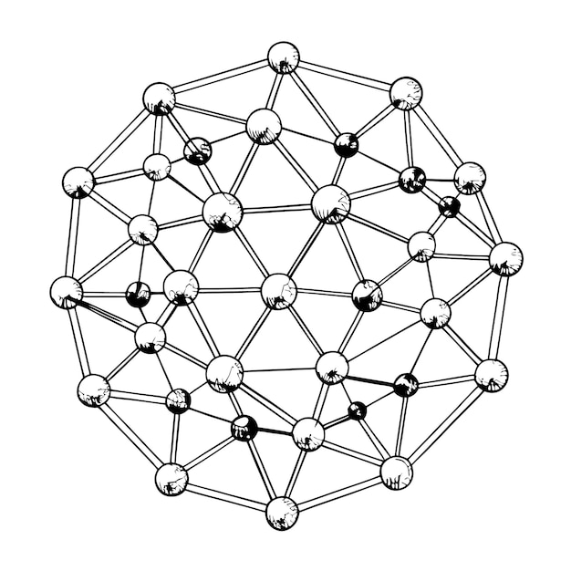 Vector black and white sketch of a complex geometric shape with interconnected circles