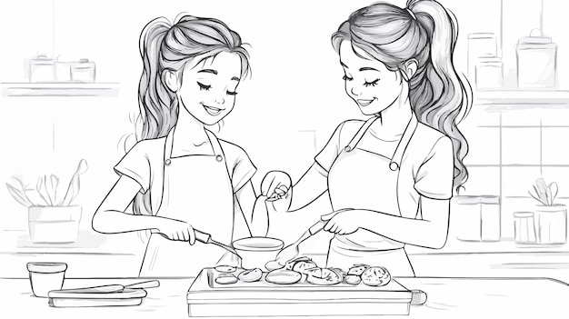 black and white sketch of a girl cooking with her mother