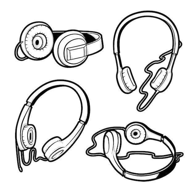 black and white sketch illustration of set of headphones with microphone and without it. Isolated drawing of hand headset from different angles.