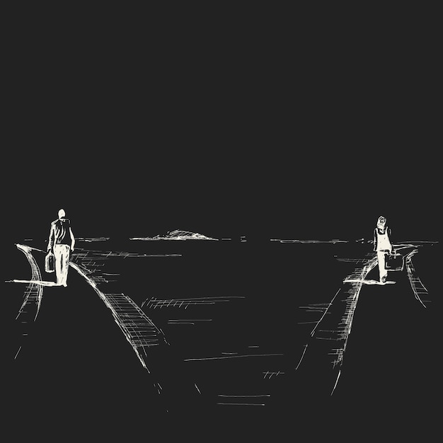 Vector black and white sketch of a man and a woman walking away from each other on diverging paths